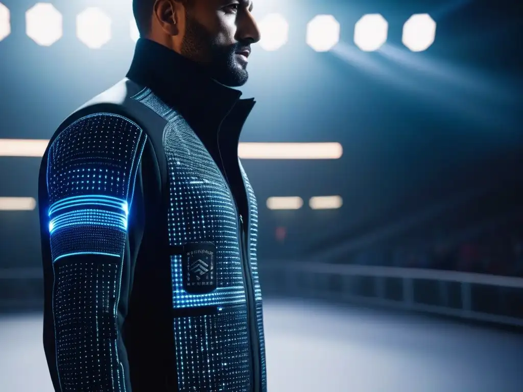 Chaqueta deportiva futurista con tecnología LED en acción Chaqueta deportiva futurista con tecnología wearable y LED, usada por atleta en arena tecnológica