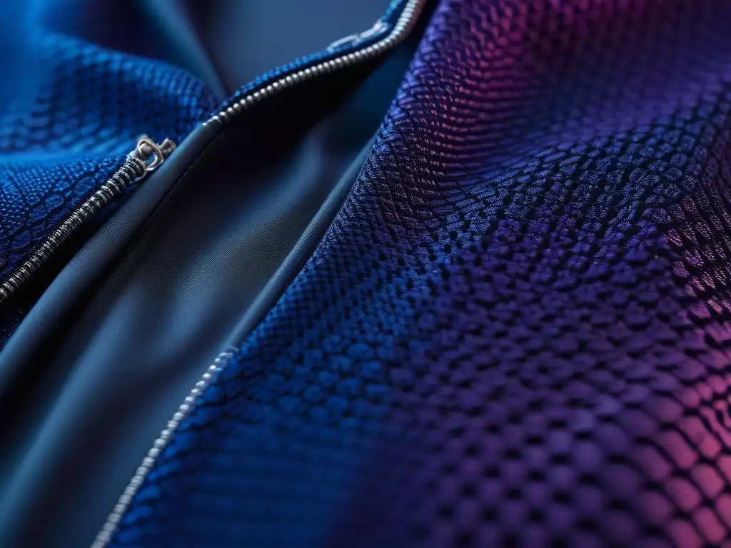 Chaqueta deportiva futurista: innovación y tecnología adaptativa Una chaqueta deportiva futurista con tecnología adaptativa, en azul vibrante y morado profundo, destacando innovación y alto rendimiento