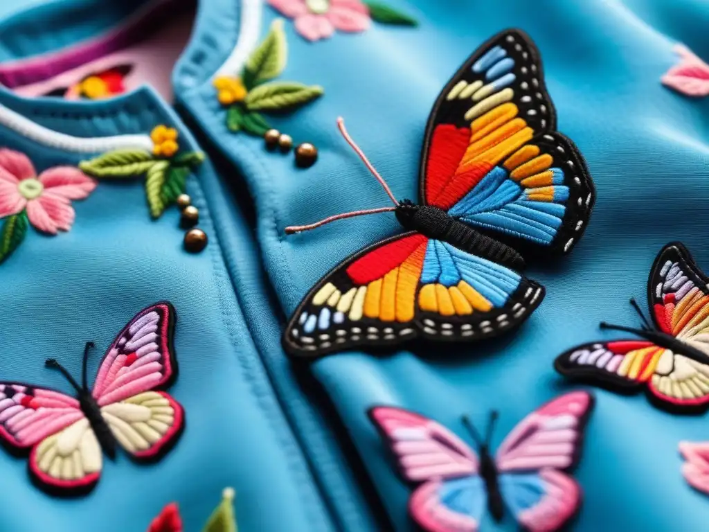 Chaqueta infantil customizada con bordados de mariposas y flores Una chaqueta infantil personalizada con bordados de mariposas y flores, destacando la meticulosa artesanía