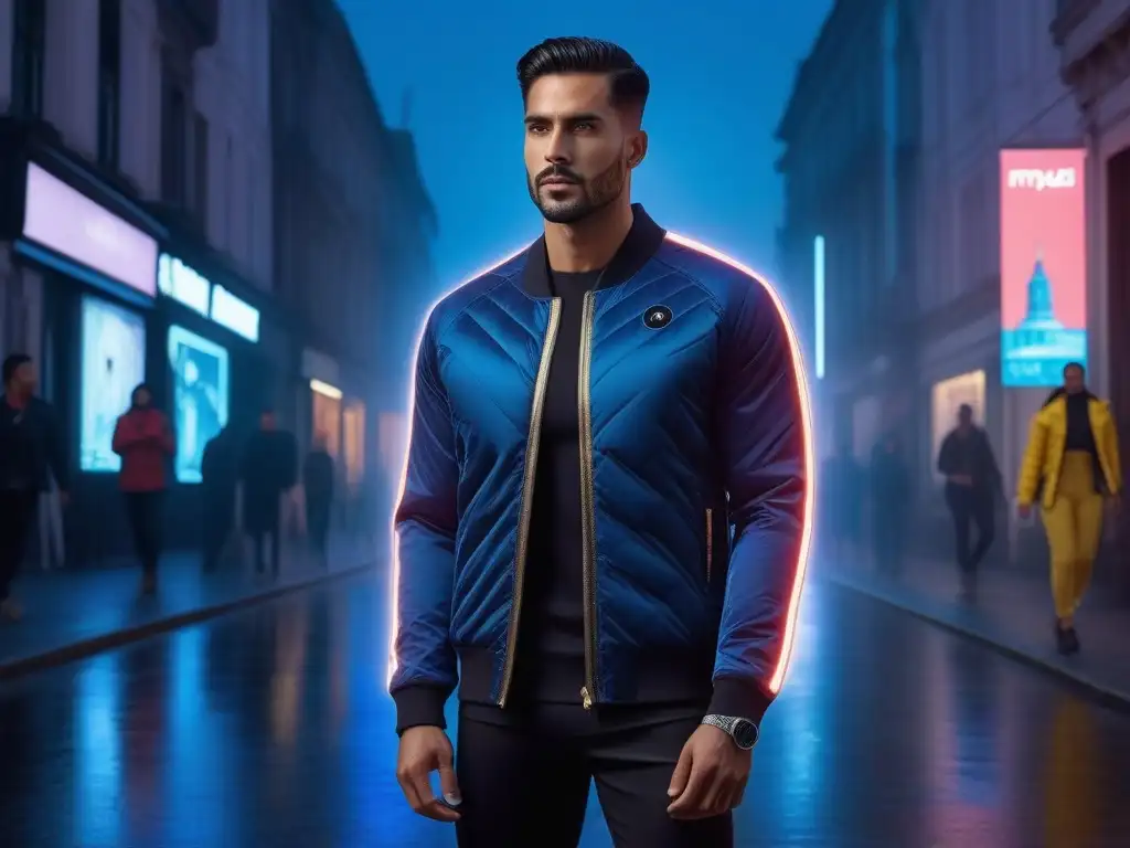 Chaqueta inteligente futurista: moda y tecnología Una chaqueta inteligente de alta tecnología, con luces LED, en una ciudad nocturna