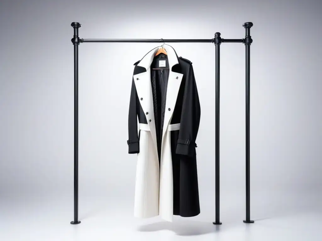 Abrigo negro de lujo para personas altas: elegancia y estilo Chaquetas para tall larga ideal: Elegante gabardina negra en perchero blanco minimalista, destacando su ajuste perfecto para altos