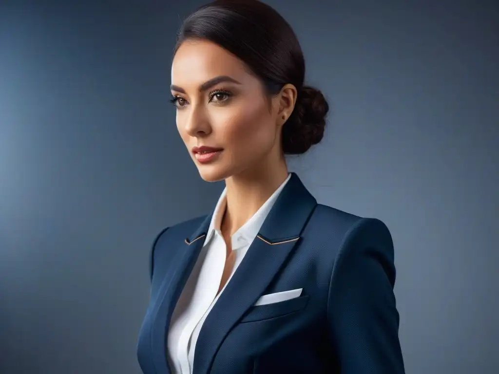 Blazer a medida para mujer petite: estilo y confianza profesionales Chaquetas petite corte y estilo: Mujer elegante en blazer a medida, irradiando confianza y elegancia en entorno profesional
