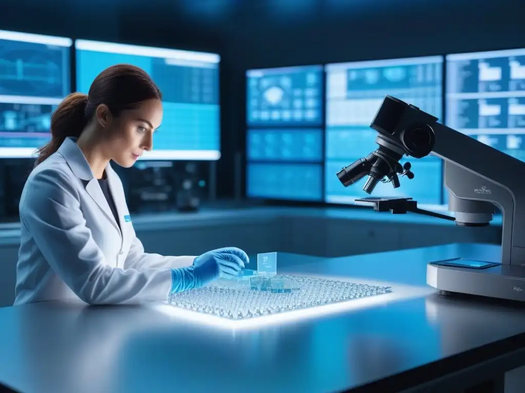 Laboratorio textil del futuro: innovación sostenible Un científico examina una muestra de tejido sostenible en un laboratorio futurista de biotecnología textil