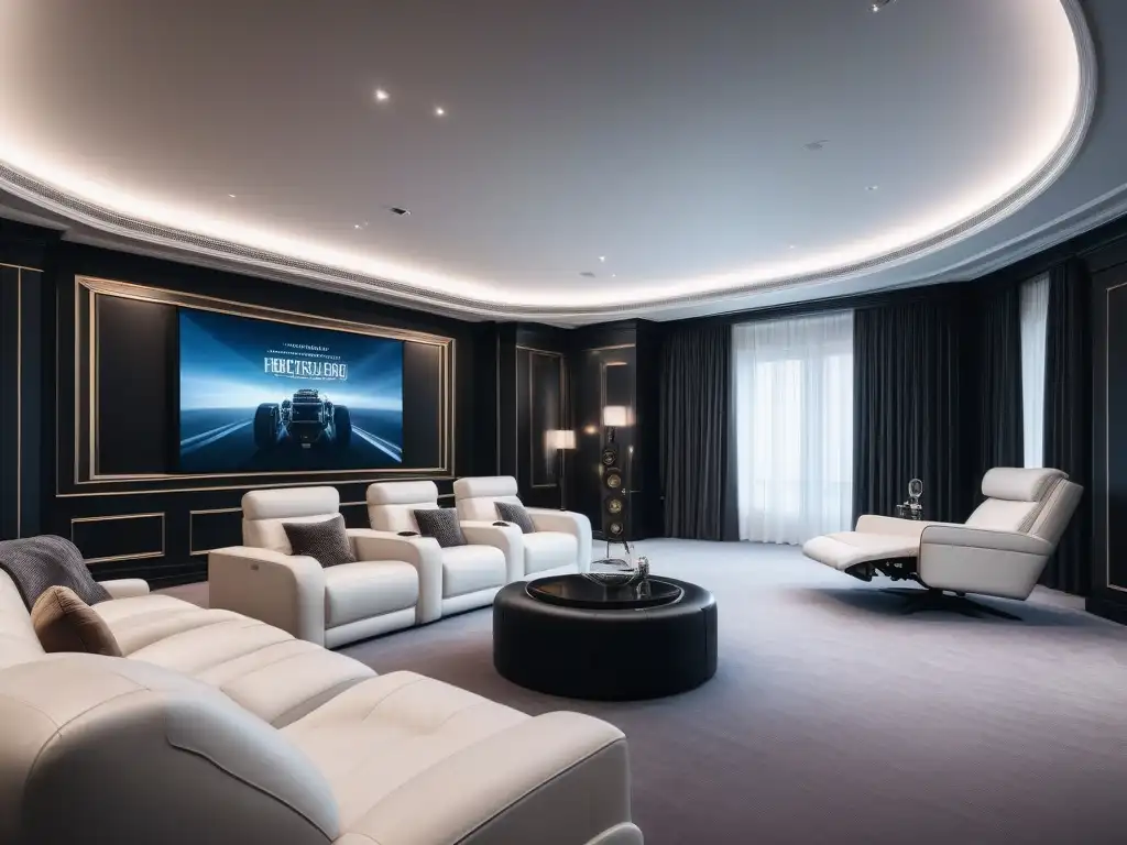Sala de cine de lujo con tecnología de vanguardia y diseño sofisticado Un cine en casa de lujo con tecnología de última generación y un ambiente sofisticado