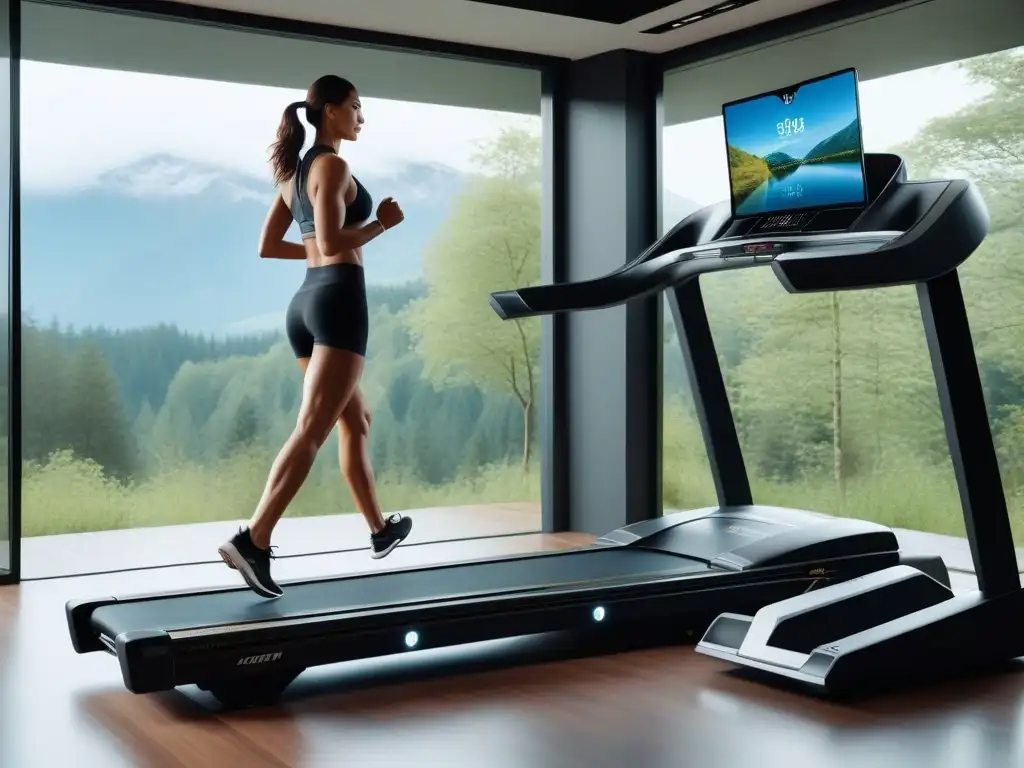 Treadmill de lujo con pantalla interactiva y vista a la montaña Una cinta de correr de lujo con pantalla interactiva mostrando un sendero montañoso