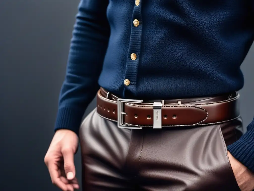 Detalle exclusivo: cinturón de cuero para hombre, elegancia inclusiva Un cinturón de cuero elegante con hebilla plateada brillante, destacando la artesanía detallada