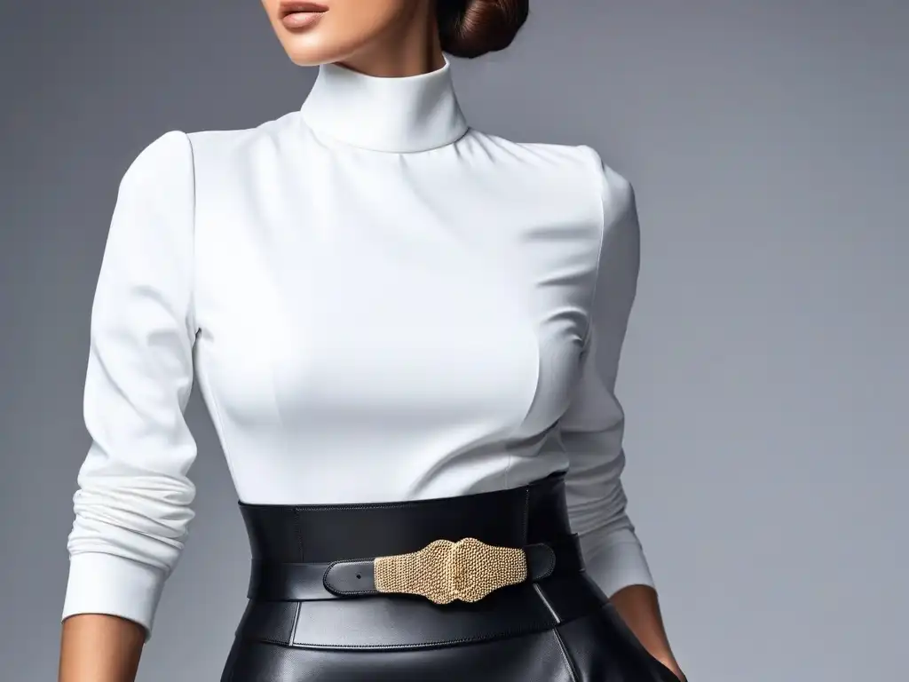 Detalle lujoso: Cinturón de cuero negro con elegante diseño metálico Cinturón de moda negro en silueta elegante y sofisticada de modelo alto, destacando lujo y estilo profesional
