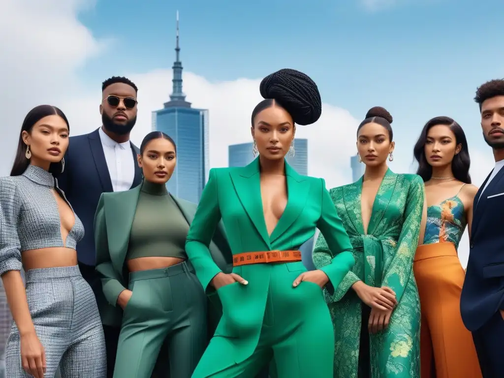 Diseñadores de moda sostenible unidos por la diversidad Un círculo de diseñadores de moda inclusiva sostenible, unidos, creativos y diversos, en una ciudad vibrante