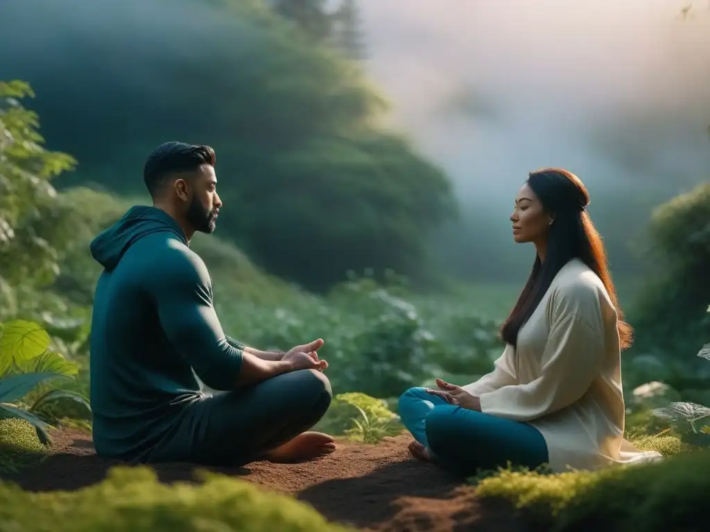 Círculo de diversidad en meditación entre la naturaleza Círculo de meditación inclusivo en la naturaleza con diversidad de cuerpos y etnias, irradiando paz y unidad