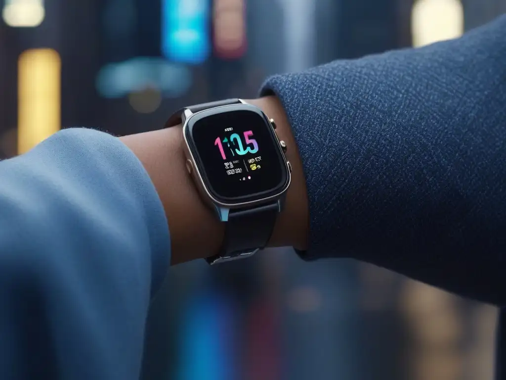 Moda inclusiva: diversidad de estilos con smartwatches Una ciudad futurista repleta de diversidad, donde personas de todas las edades y etnias lucen smartwatches con estilo