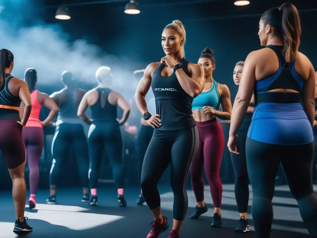 Clase de fitness inclusiva con entrenador en gimnasio moderno Una clase de entrenamiento premium para todas las tallas en un gimnasio moderno y vibrante