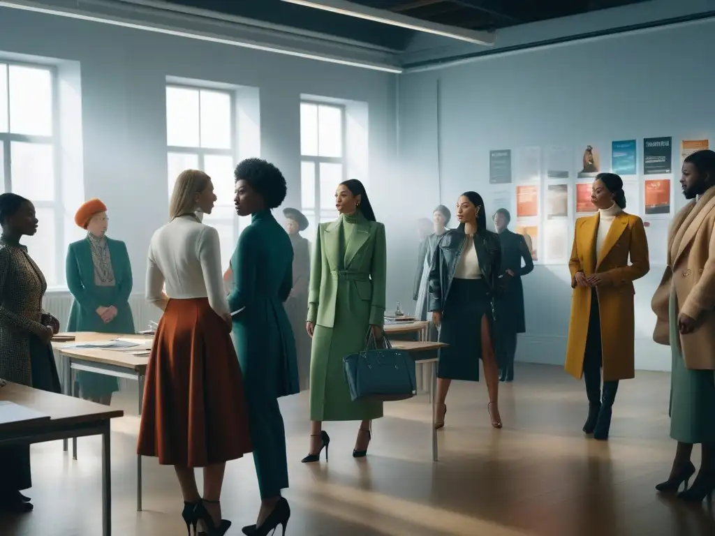 Clase inclusiva sobre moda sostenible: diversidad y colaboración Una clase iluminada por el sol, con personas diversas discutiendo moda sostenible para todos cuerpos