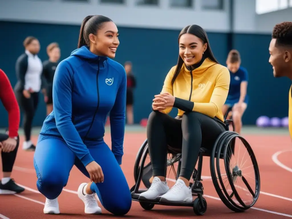 Clase de educación física inclusiva con ropa deportiva adaptada Clase de educación física inclusiva al aire libre con estudiantes de diferentes edades y cuerpos, vistiendo ropa deportiva adaptativa