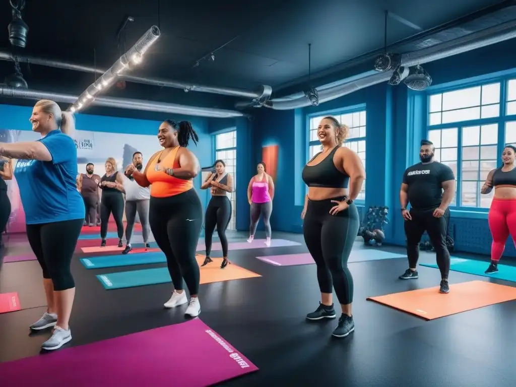 Clase fitness inclusiva: empoderamiento y alegría para todos Una clase de fitness para Plus Size inclusiva y vibrante, donde la diversidad y la alegría se unen en movimiento