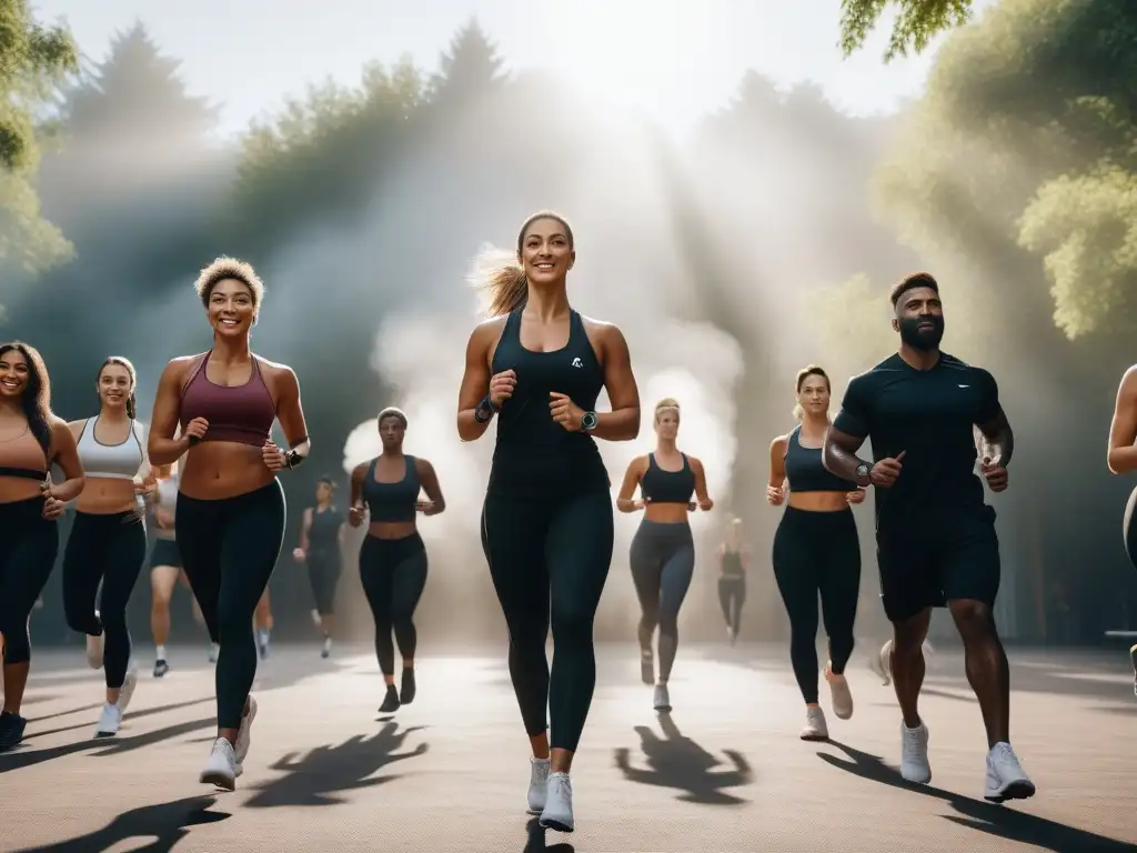 Clase de fitness inclusiva: diversidad y energía al aire libre Una clase de fitness inclusivo para todas las tallas, con personas diversas disfrutando al aire libre