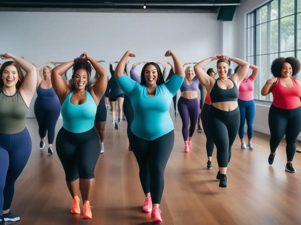 Fitness inclusivo: plussize disfrutando de clase con energía Una clase de fitness para Plus Size llena de energía y diversión en un estudio amplio y colorido