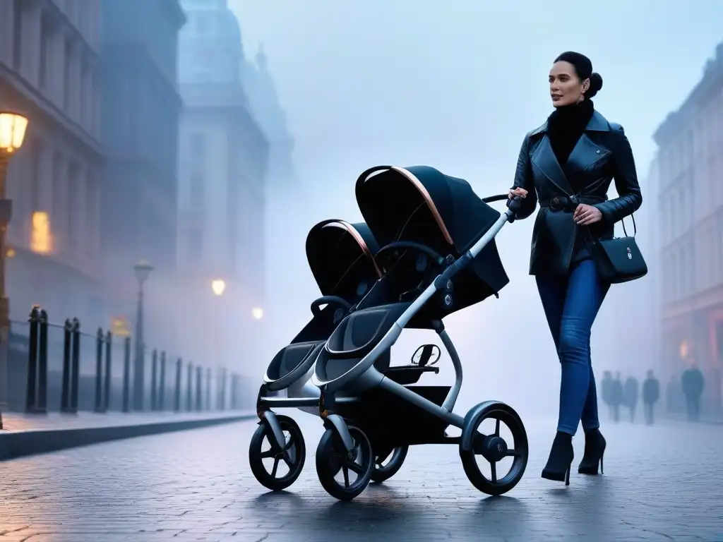 Coche de bebé inteligente de lujo en ciudad futurista Un cochecito inteligente de alta tecnología con pantalla táctil, plegado automático y sensores avanzados, en una ciudad futurista al atardecer