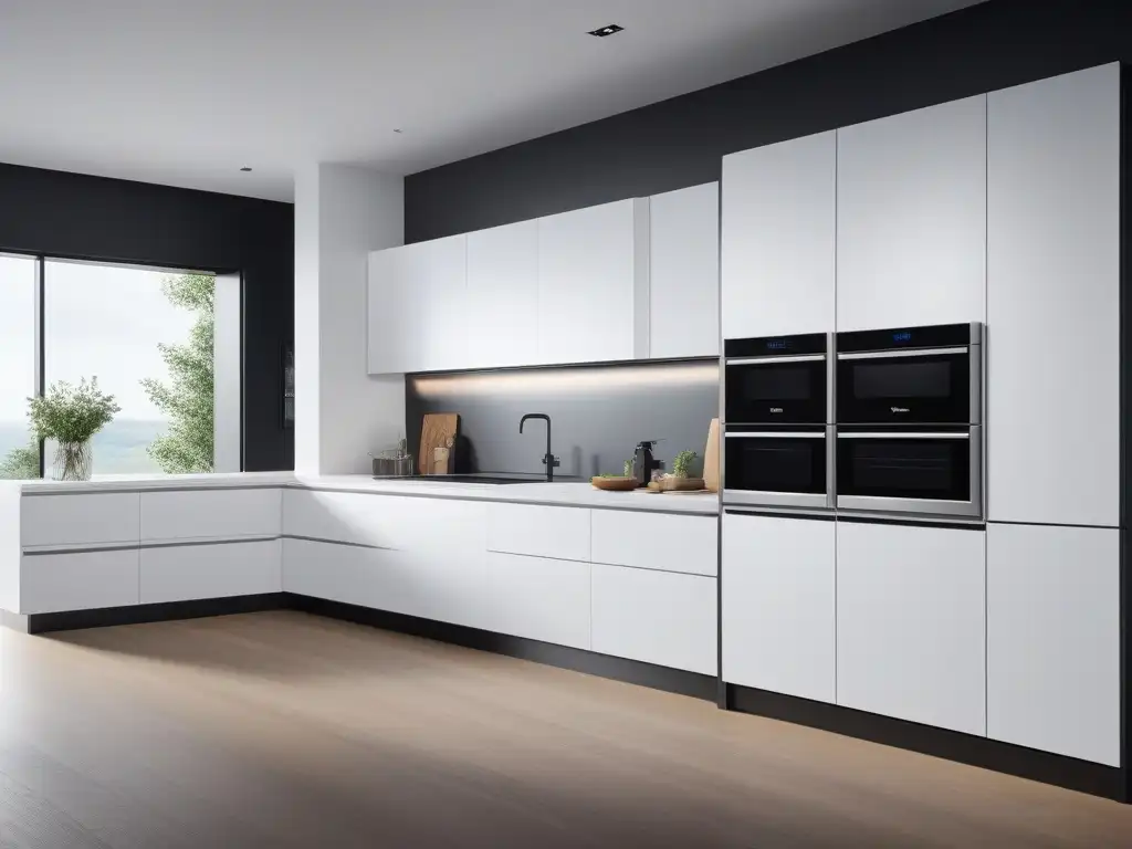 Kitchen del Futuro: Lujo Conectado y Sofisticación Una cocina futurista de alta gama con electrodomésticos conectados integrados, iluminación ambiental y diseño minimalista sofisticado