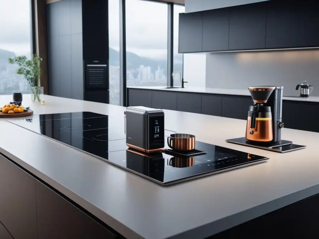 Cocina futurista de lujo: gadgets inteligentes integrados Una cocina futurista con gadgets inteligentes integrados, resaltando la importancia de la evolución en la cocina
