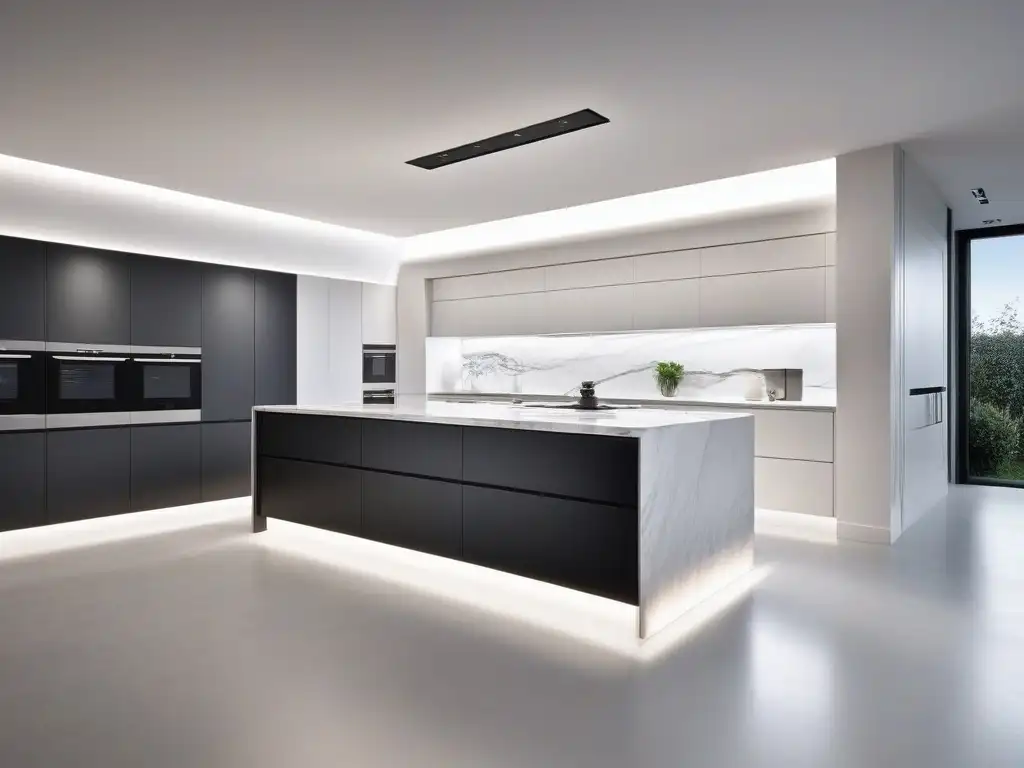 Cocina de lujo futurista con tecnología integrada Cocina futurista de lujo con tendencias tecnológicas para hogar de lujo: diseño minimalista, electrodomésticos de última generación y toques high-tech