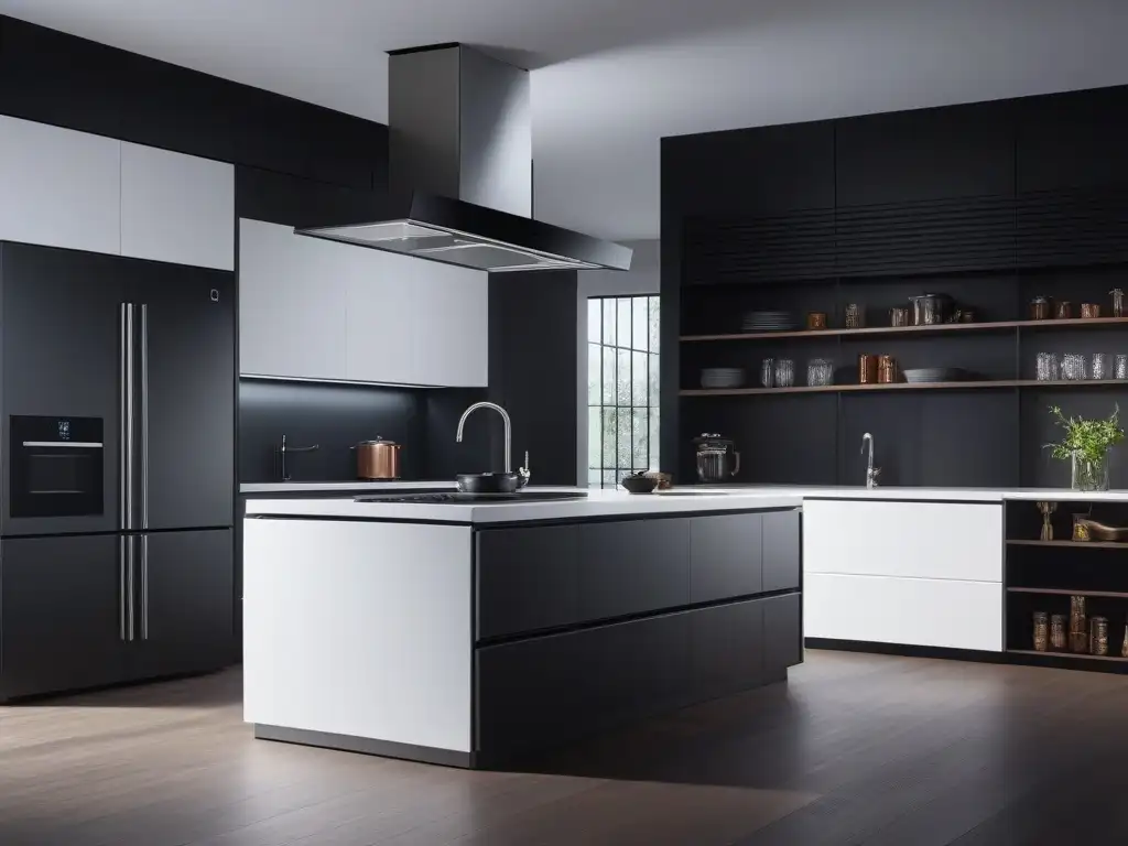 Cocina de lujo con electrodomésticos conectados de última generación Cocina de lujo con electrodomésticos conectados de alta gama en un diseño minimalista y futurista