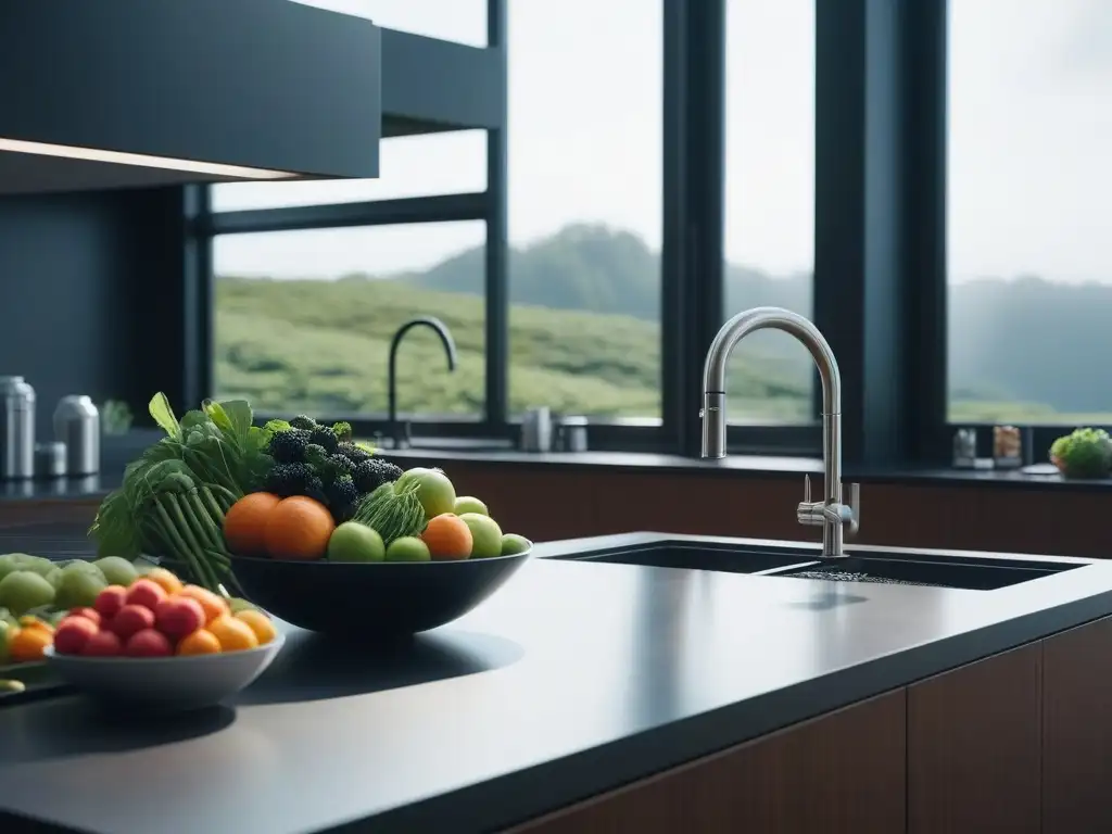 Cocina saludable: alimentos coloridos para entrenamiento intenso Una cocina moderna llena de alimentos coloridos y suplementos esenciales para el entrenamiento intenso, bañada por la luz del sol