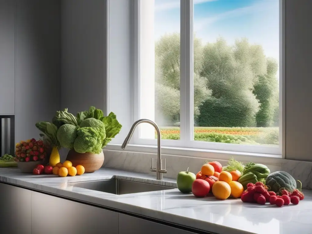 Cocina moderna con frutas y verduras frescas en mármol Una cocina moderna llena de frutas y verduras coloridas sobre encimera de mármol