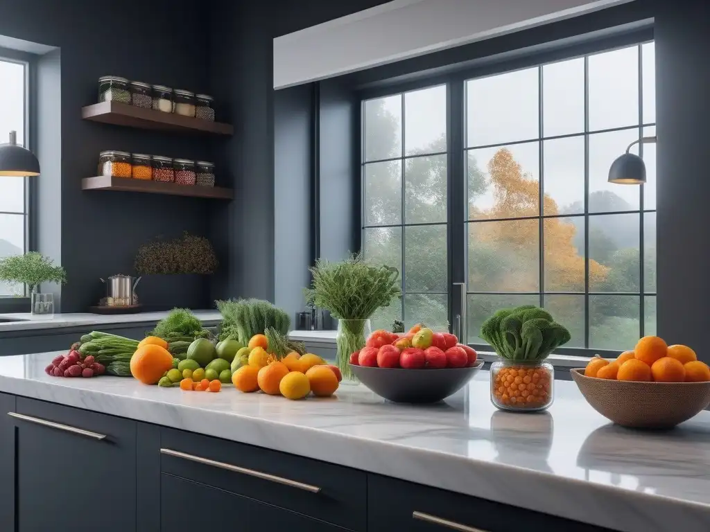 Escena de cocina moderna y fresca con frutas y verduras vibrantes Una cocina moderna y serena con frutas y verduras frescas y vibrantes, transmitiendo bienestar y nutrición personalizada para un diverso bienestar