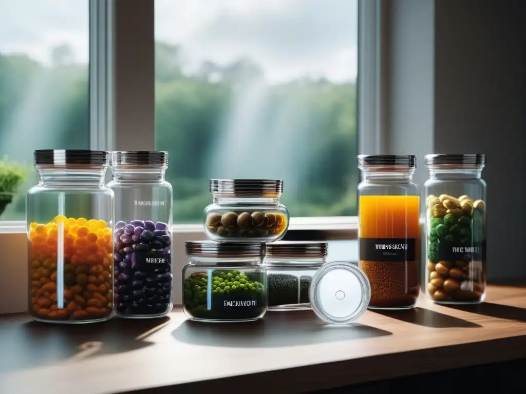 Vitaminas y minerales: la cocina del bienestar Una cocina moderna con suplementos coloridos organizados en contenedores etiquetados con vitaminas y minerales
