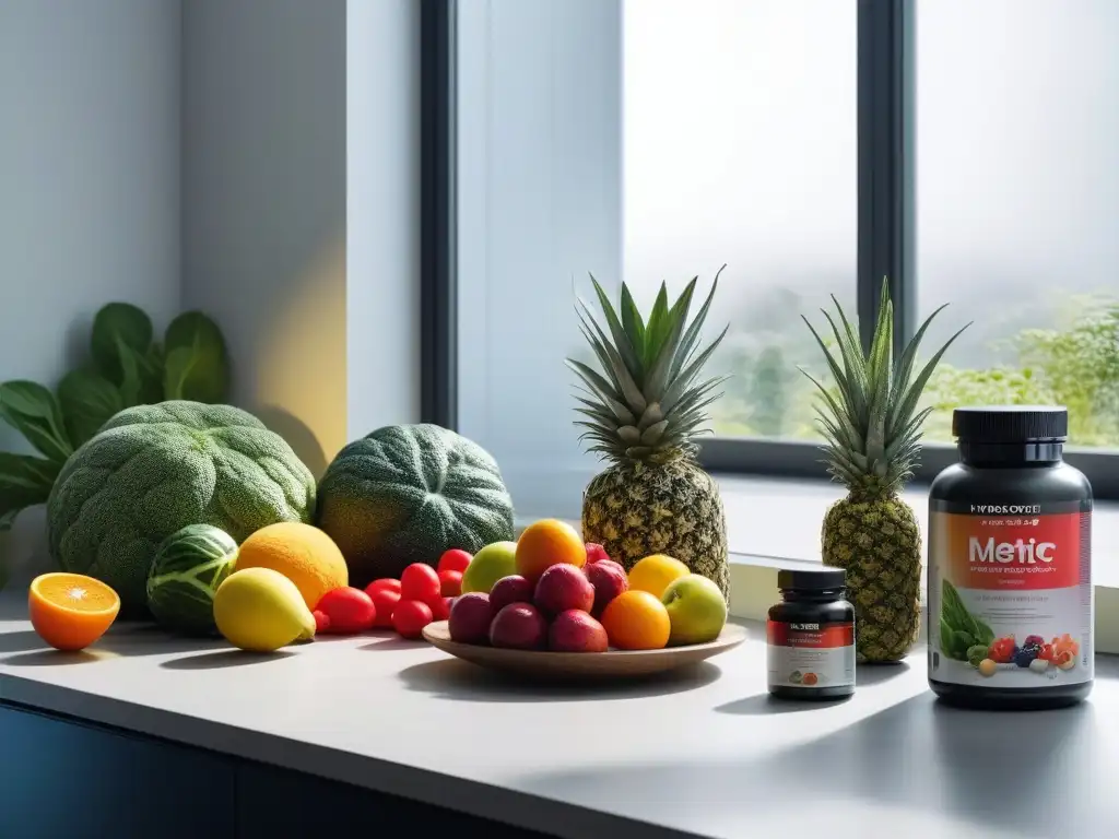 Encanto saludable: Cocina moderna con alimentos frescos y suplementos premium Una cocina moderna con suplementos dietéticos para máxima eficacia, frutas frescas y verduras vibrantes bajo la luz cálida del sol