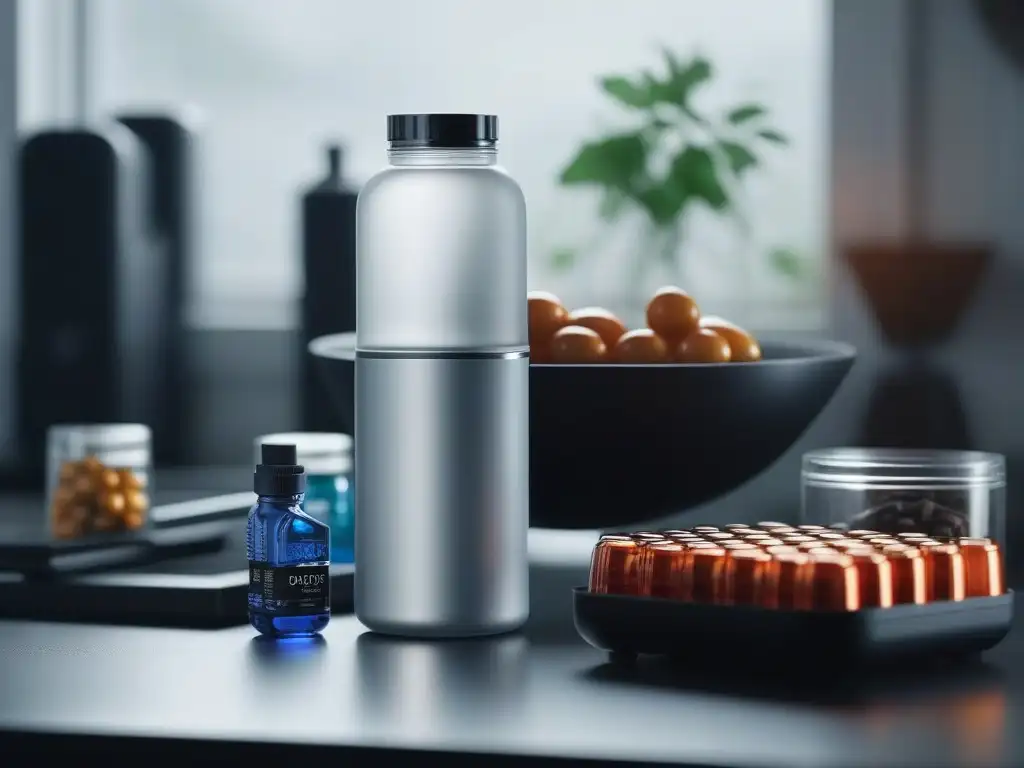 Suplementos y ayuno intermitente: la clave para una salud equilibrada Una cocina moderna con suplementos ordenados, botella de agua y cronómetro, refleja equilibrio y organización