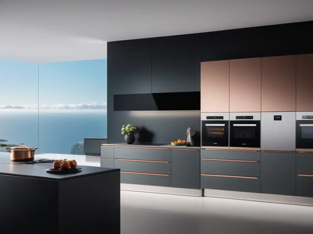 Cocina de lujo: electrodomésticos inteligentes y diseño futurista Cocina moderna con tecnología de alta gama en hogares: electrodomésticos inteligentes integrados en un diseño elegante y futurista
