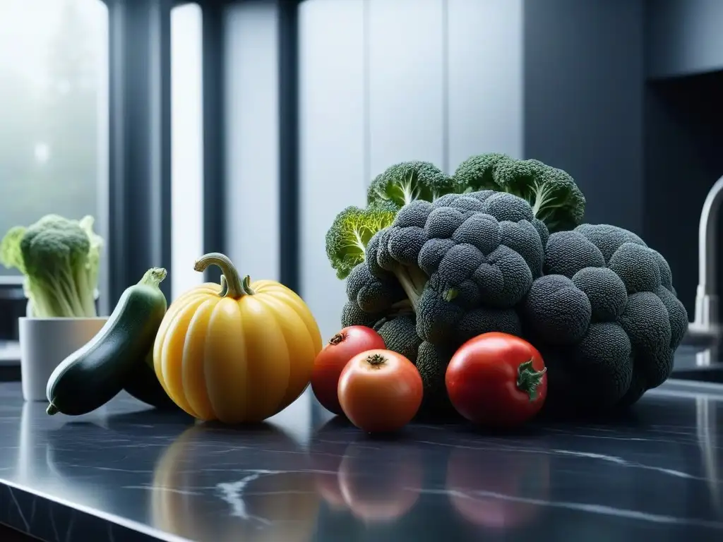 Cocina moderna y vibrante con frutas y verduras coloridas sobre mármol Una cocina moderna y vibrante con frutas y verduras coloridas en un elegante mostrador de mármol