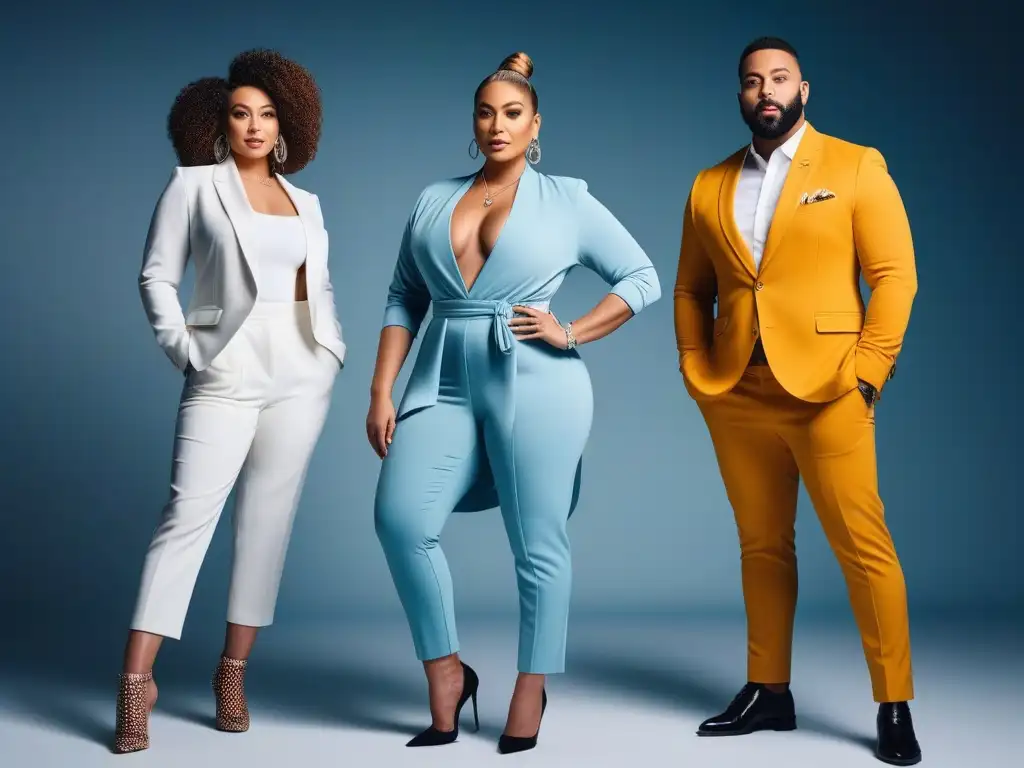 Grupo diverso de influencers de moda posando con estilo inclusivo en estudio moderno Colaboración de influencers de moda inclusiva posando juntos en estudio moderno
