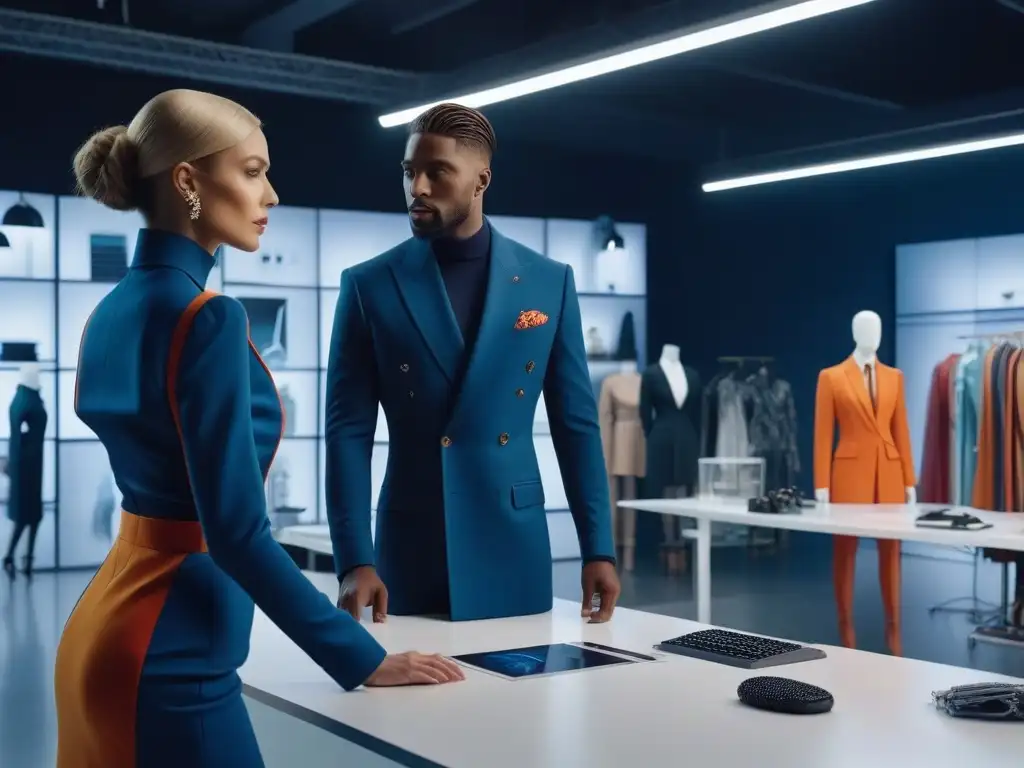 Colaboración vanguardista entre diseñadores de moda y psicólogos en estudio futurista Una colaboración innovadora entre diseñadores de moda y psicólogos del consumidor en un estudio futurista y vibrante
