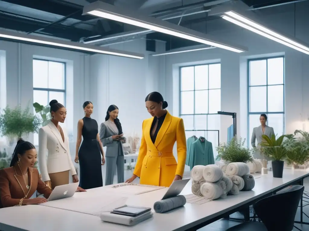 Diseñadores de moda creando juntos en estudio sostenible Una colaboración inspiradora de diseñadores de moda en un estudio luminoso, repleto de telas sostenibles y tecnología blockchain