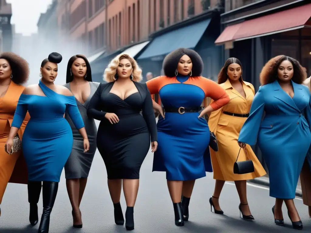 Desfile de moda inclusivo: modelos plus size empoderadas en la ciudad Una colaboración en moda tallas grandes: modelos seguras y diversas en elegante atuendo urbano, simbolizando la revolución del sector