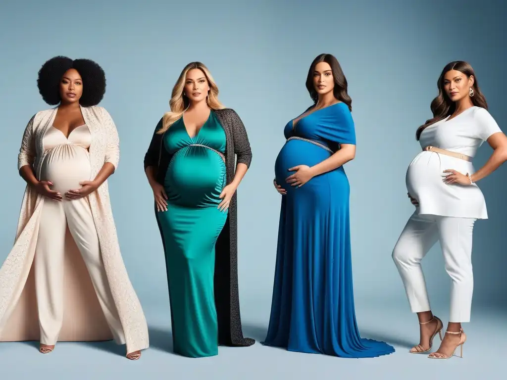 Moda materna plus: estilos únicos para futuras mamás Colaboraciones moda maternal tallas especiales: Grupo diverso de modelos embarazadas luciendo trajes exclusivos, elegantes y modernos