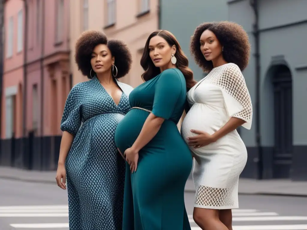 Moda premamá inclusiva: mujeres embarazadas empoderadas y con estilo Colaboraciones moda maternal tallas especiales: Grupo diverso de embarazadas seguras, elegantes y empoderadas en colaboración de moda inclusiva