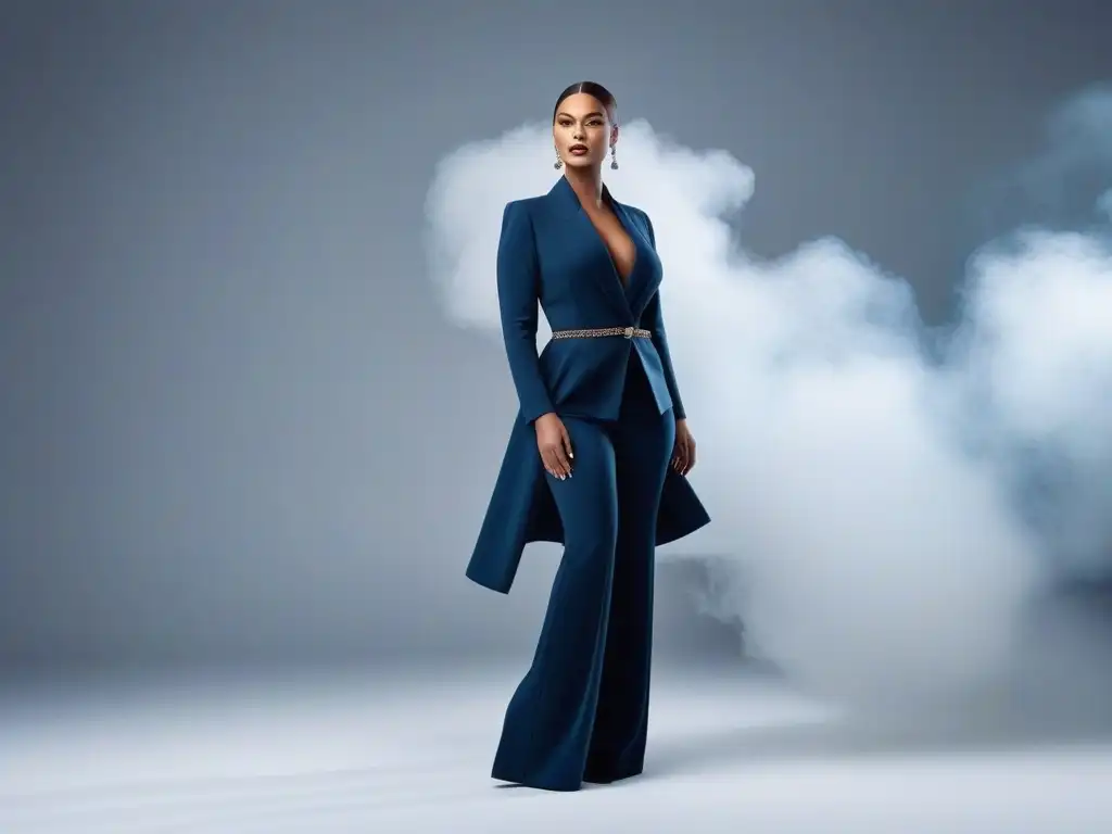 Moda de alta costura para tallas altas: elegancia y empoderamiento Colaboraciones moda tallas altas: Modelo alto y elegante viste atuendo chic, irradiando profesionalismo y empoderamiento