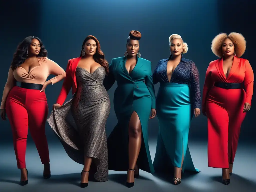 Moda inclusiva con modelos plus size empoderadas Colaboraciones moda tallas grandes: Grupo diverso de modelos de tallas grandes, empoderadas y estilosas, en un ambiente urbano vibrante
