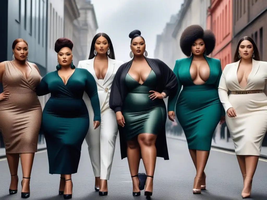 Moda inclusiva: Plussize models empoderadas y estilizadas en la ciudad Colaboraciones moda tallas grandes: Grupo diverso de modelos de tallas grandes, seguras y elegantes en ambiente urbano chic