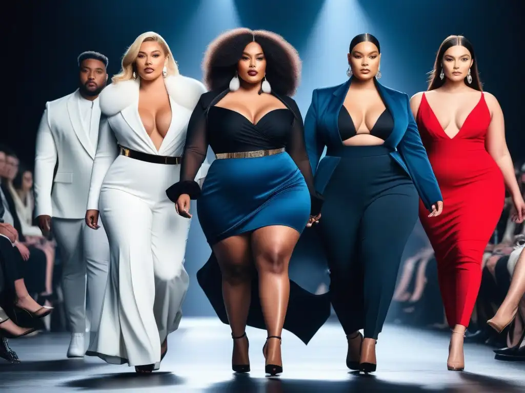 Desfile de moda plussize: diversidad, estilo y empoderamiento Colaboraciones en moda tallas grandes: Desfile de modelos plus size con estilo y empoderamiento en una pasarela vibrante
