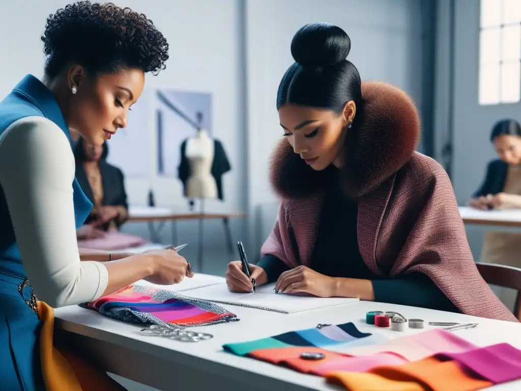 Diseñadores de moda colaborando en estudio luminoso Colaboraciones de moda tallas petite: Diseñadores colaborando y creando en un estudio luminoso y colorido