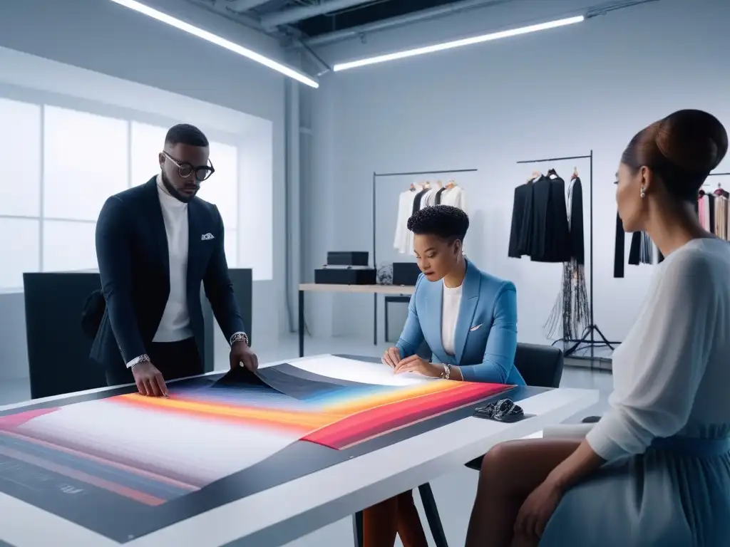 Diseñadores de moda crean colección innovadora en estudio vanguardista Colaboraciones de nicho en moda: Diseñadores de diferentes culturas colaboran en un estudio moderno y minimalista, creando una colección innovadora y única