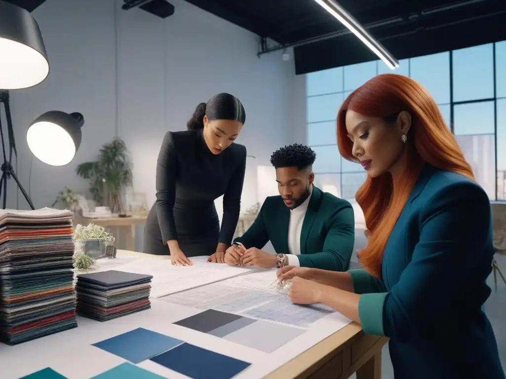 Diseñadores de moda colaborando en un estudio creativo lleno de luz Colaboraciones de nicho en moda: Grupo diverso de diseñadores inmersos en creatividad y colaboración en estudio moderno