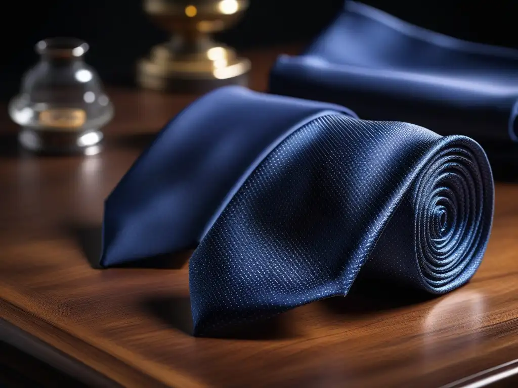 Collección de corbatas y pañuelos de seda de lujo Una colección de accesorios de alta gama para hombre en elegantes patrones y colores, exudando lujo y estilo en una mesa de madera