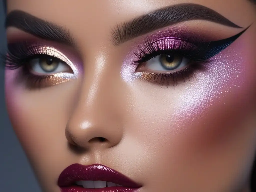 Variedad de brochas de maquillaje: detalle y sofisticación Una colección diversa de brochas de maquillaje, exquisitamente detalladas y dispuestas con elegancia en una superficie reflectante