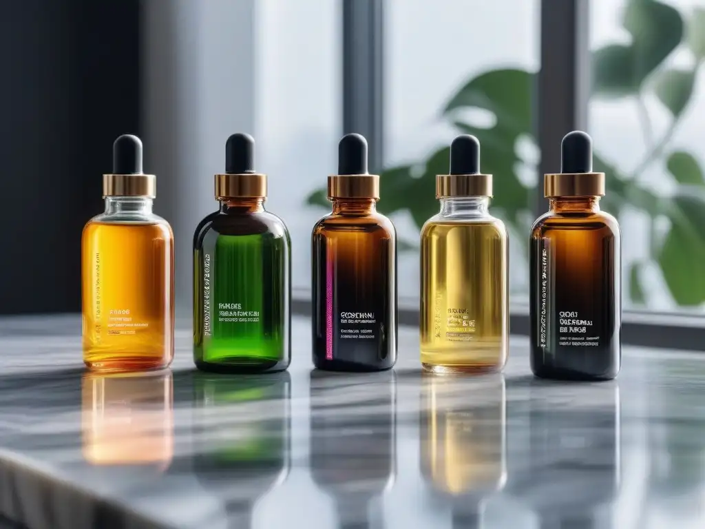 Botellas de aceites esenciales: lujo y beneficios para la piel Una colección de elegantes botellas de vidrio con aceites esenciales de colores, dispuestas sobre una encimera de mármol