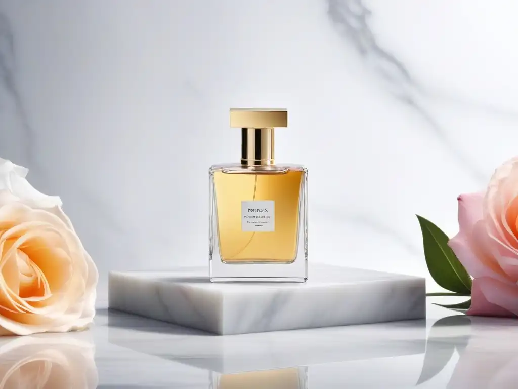 Exquisita colección de perfumes de lujo en mármol blanco Una colección de elegantes frascos de perfume de lujo para todos cuerpos, sobre mármol blanco rodeados de flores pastel